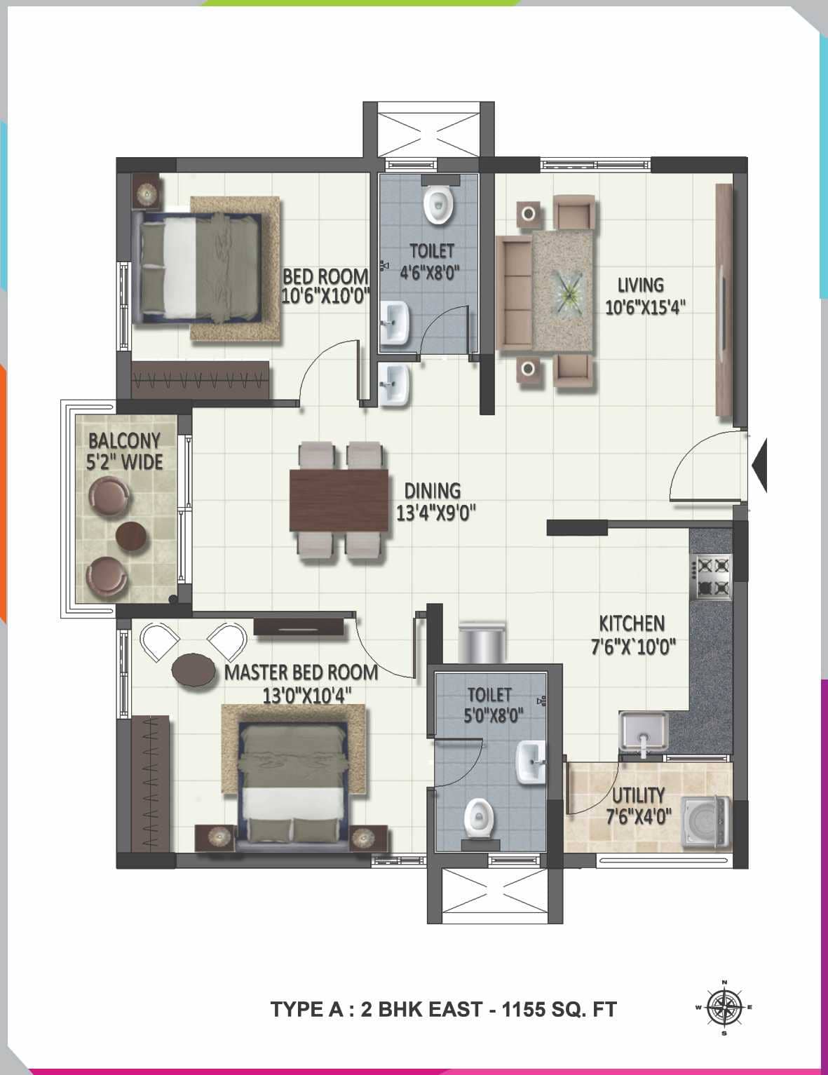 2 BHK East Facing Floor Plan