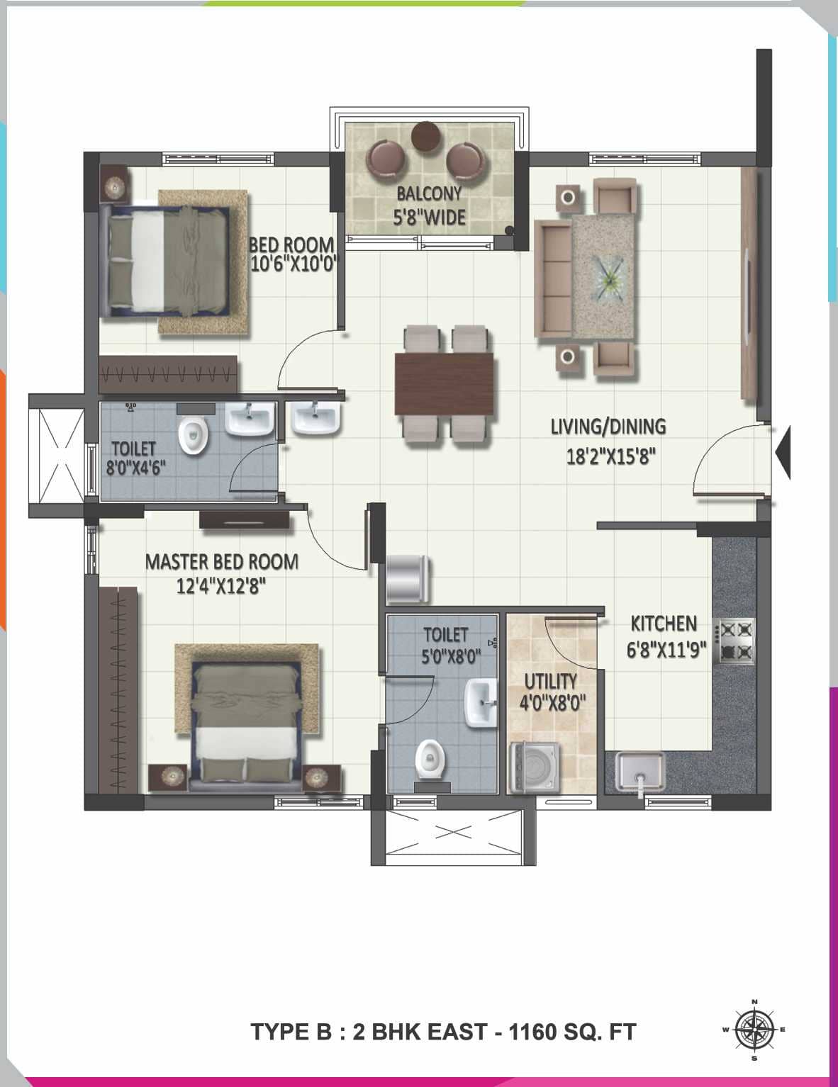 2 BHK East Facing Floor Plan B