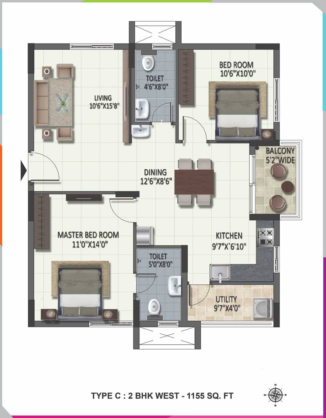 2 BHK West Facing Floor Plan