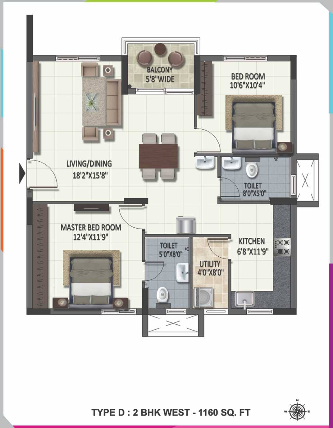 Luxury 2 BHK West Facing Flooring Plan
