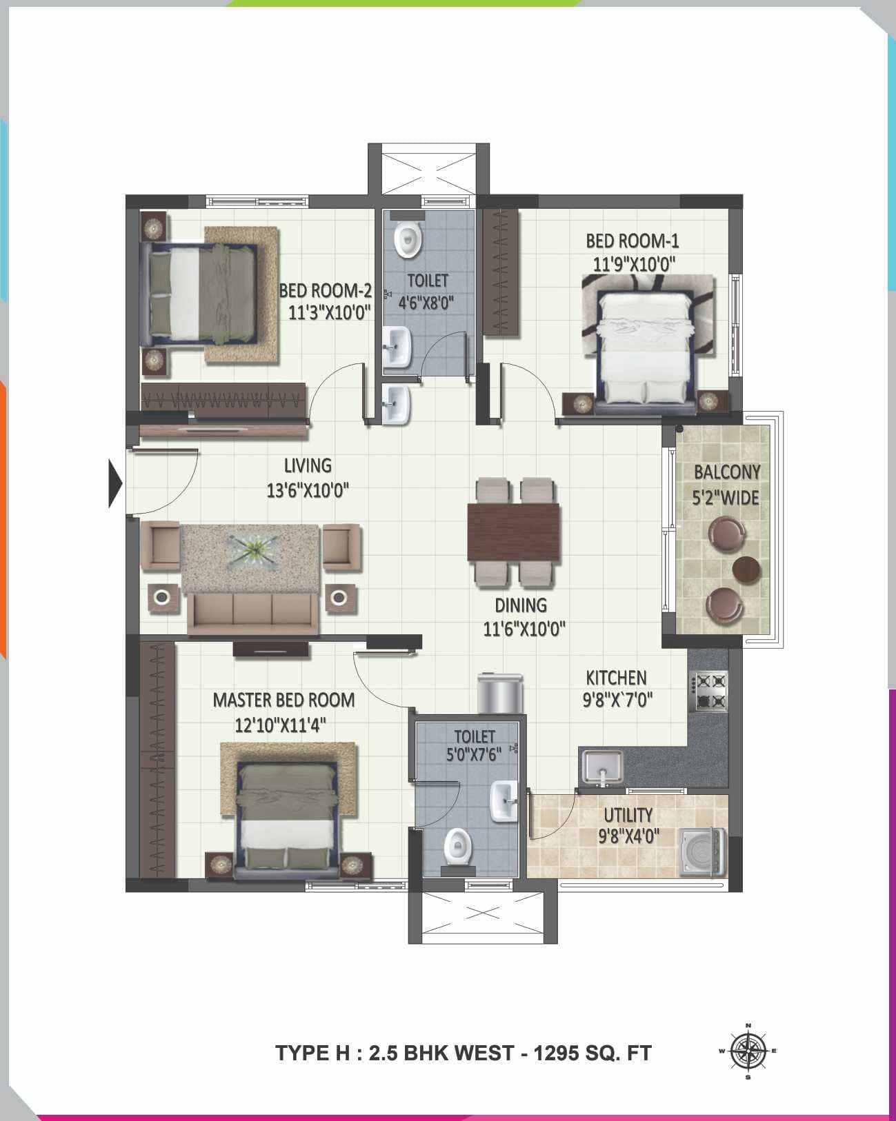 Luxury 2.t BHK West Facing Floor Plan