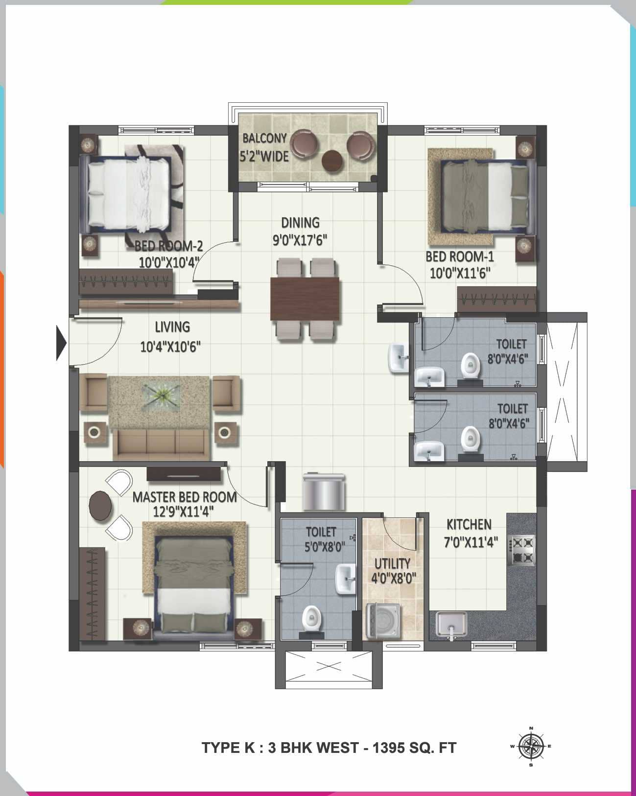 3 BHK West Facing Floor Plan