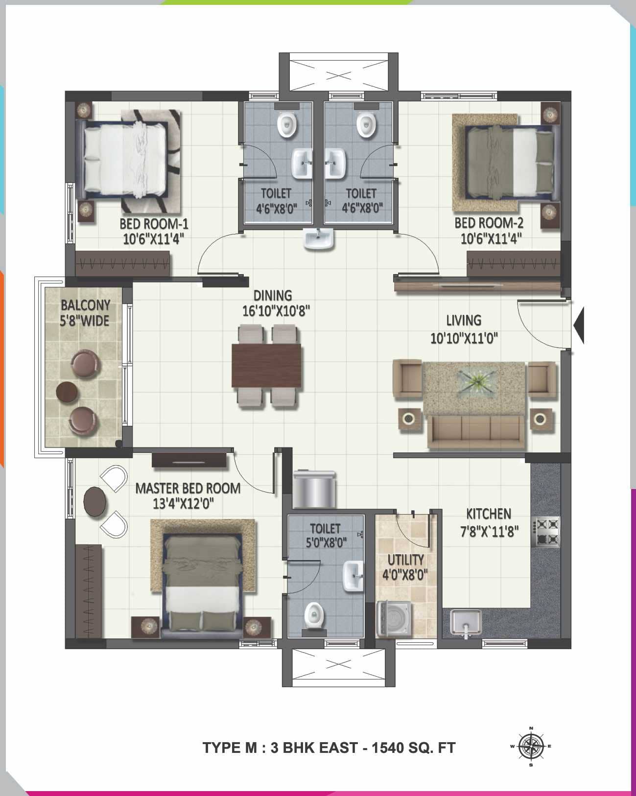 Luxury 3 BHK Flats East Facing Floor Plan
