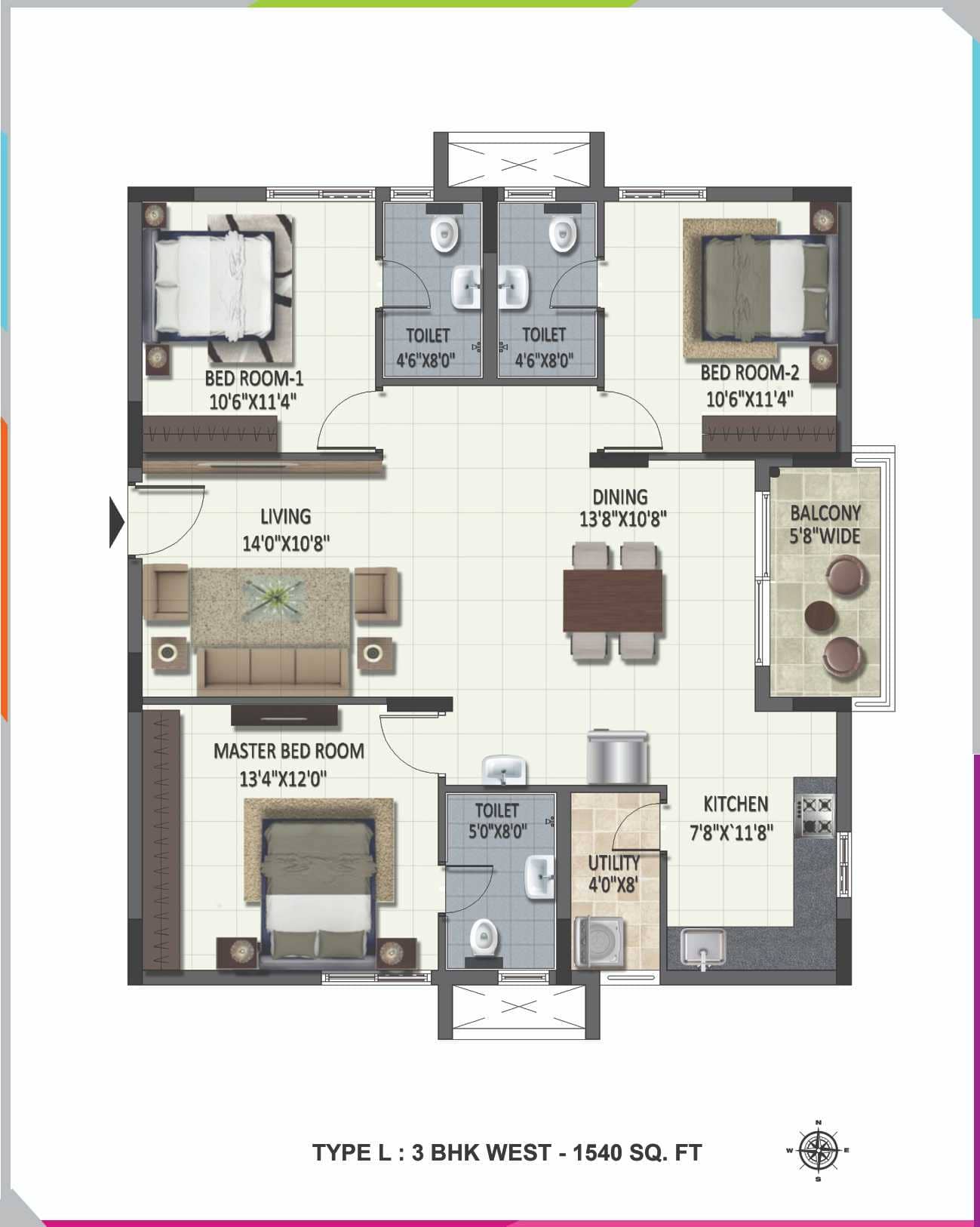 Luxury 3 BHK Flats West Facing Floor Plan